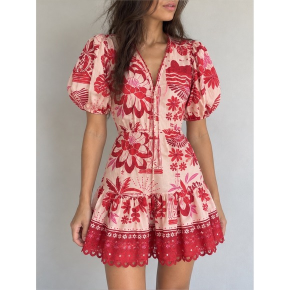 FARM Rio Dresses & Skirts - Farm Rio Red White Tiles Mini Dress Cut Out Back Medium Vacation Boho
